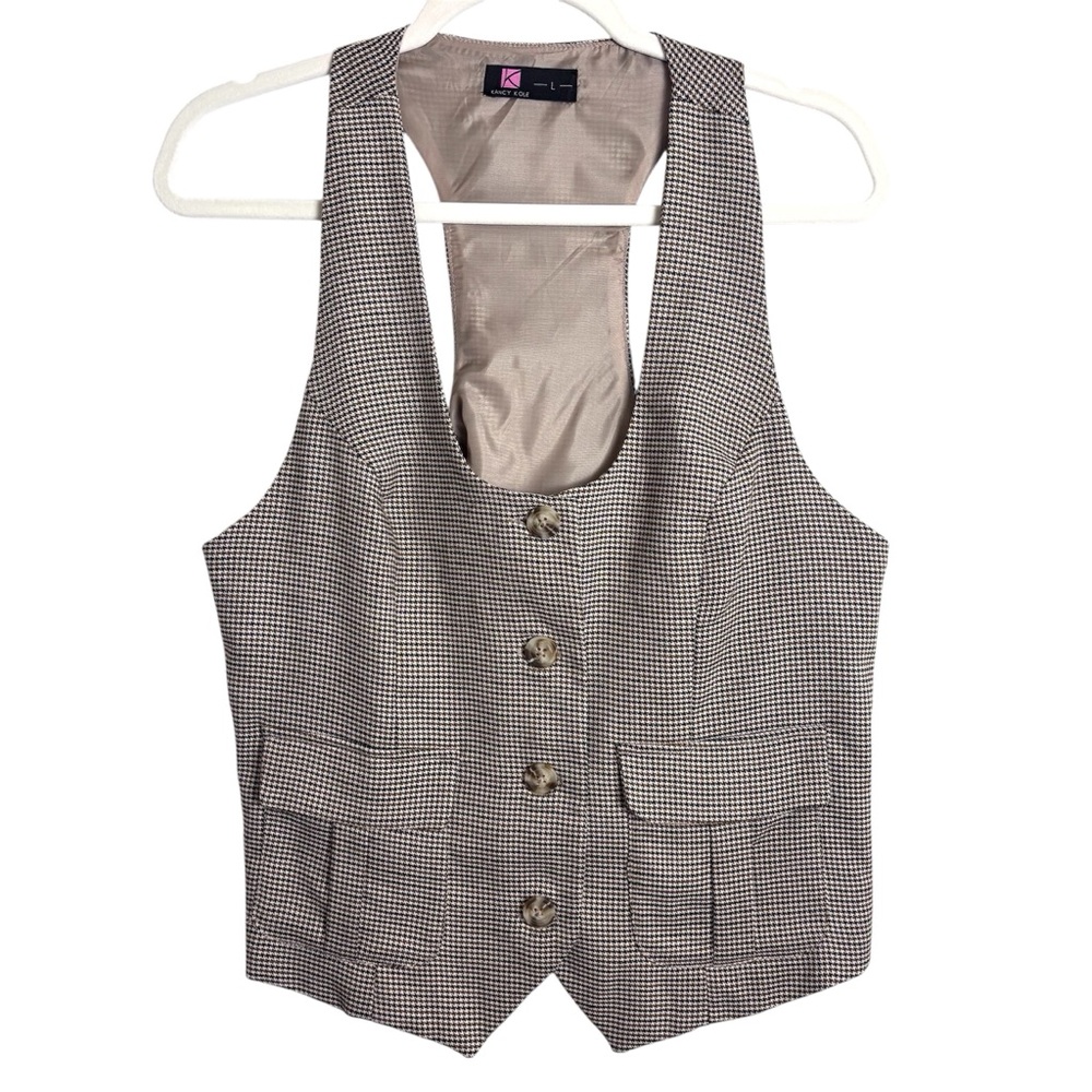 Kancy Kole Multi Brown Houndstooth Button Front Vest Women’s Large Modern Career
